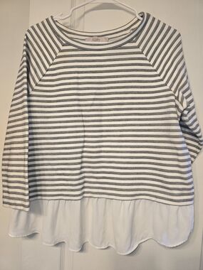 LOFT White & Gray Striped Top with Ruffle Hem